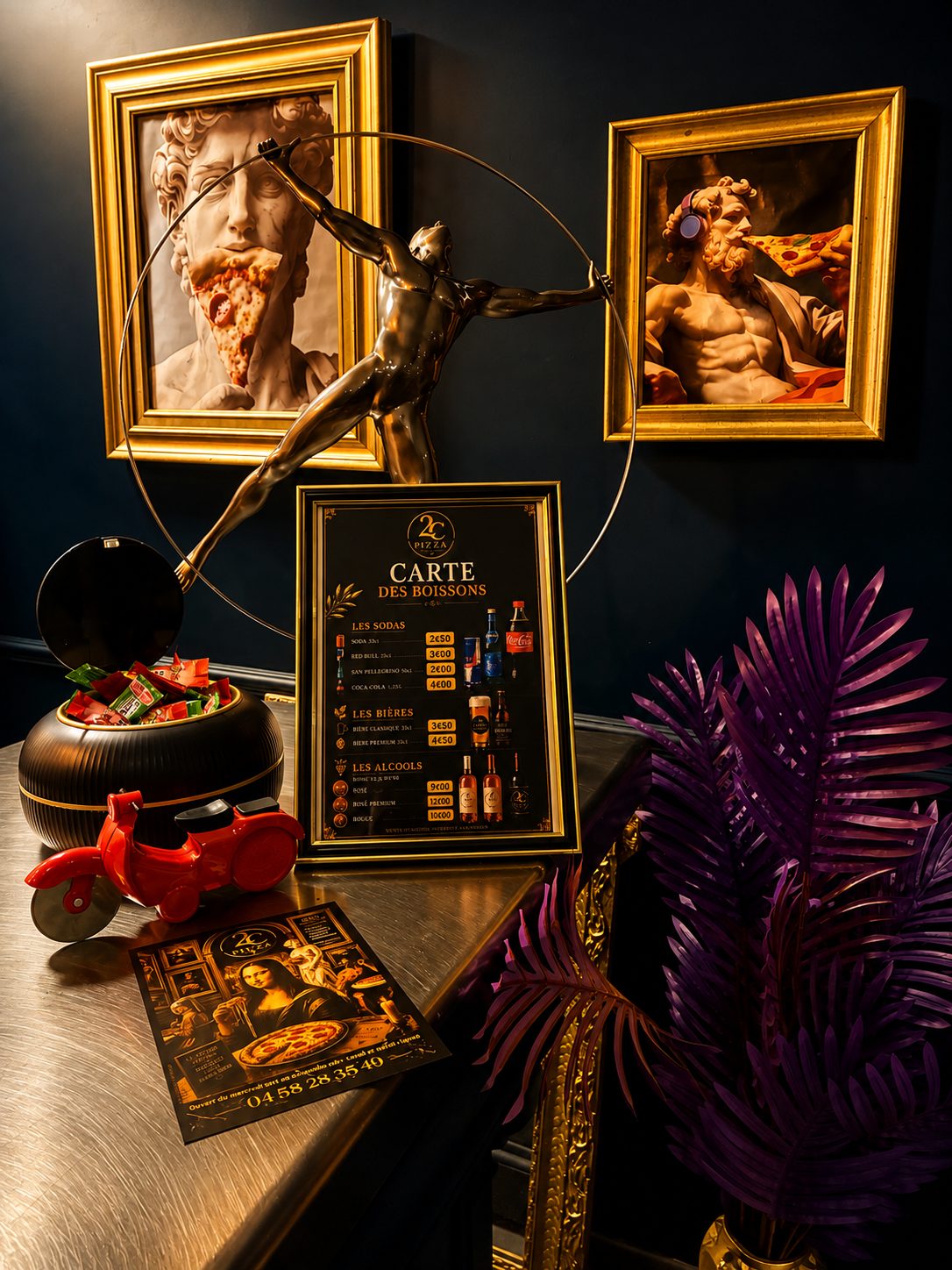 Le comptoir : carte des boissons 2C, roulette scooter et flyer Joconde