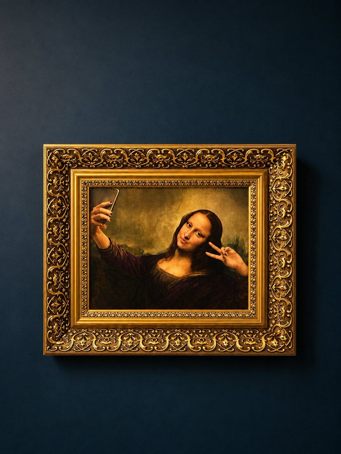 Tableau encadré d'or : la Joconde en selfie, clin d'œil du lieu